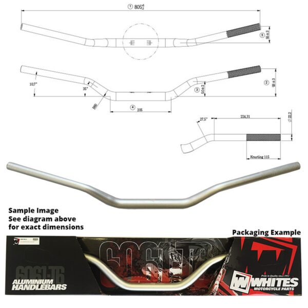 WHITES HANDLEBARS ALLOY 6061 TAPER 1 1/8 (28.6MM)KXF/RMZ SIL