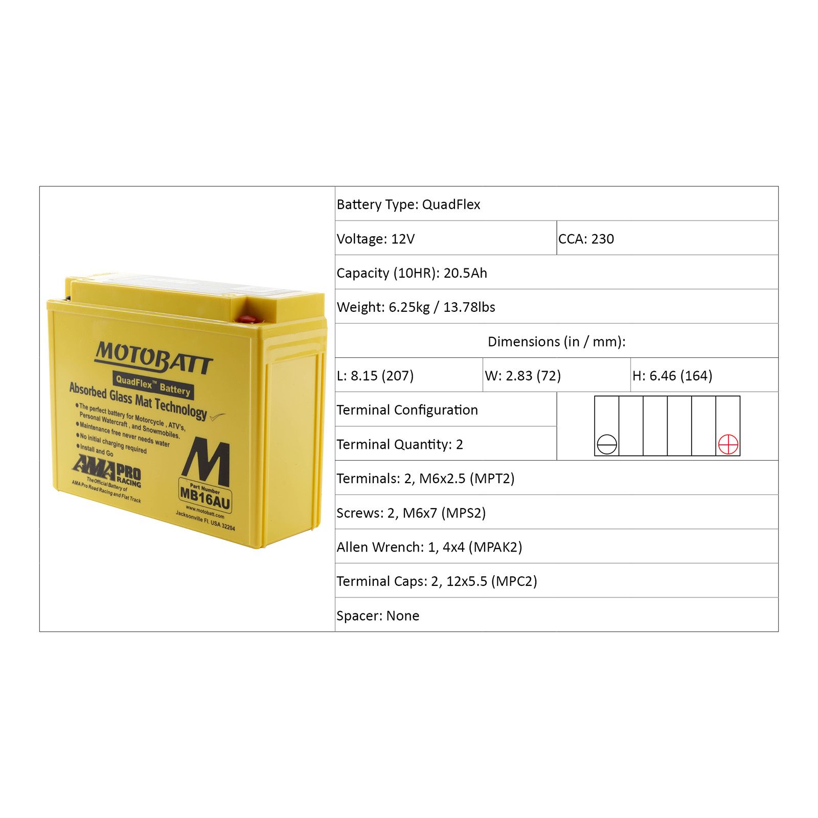 MB16AU MOTOBATT QUADFLEX BATTERY (4PCS/CTN)