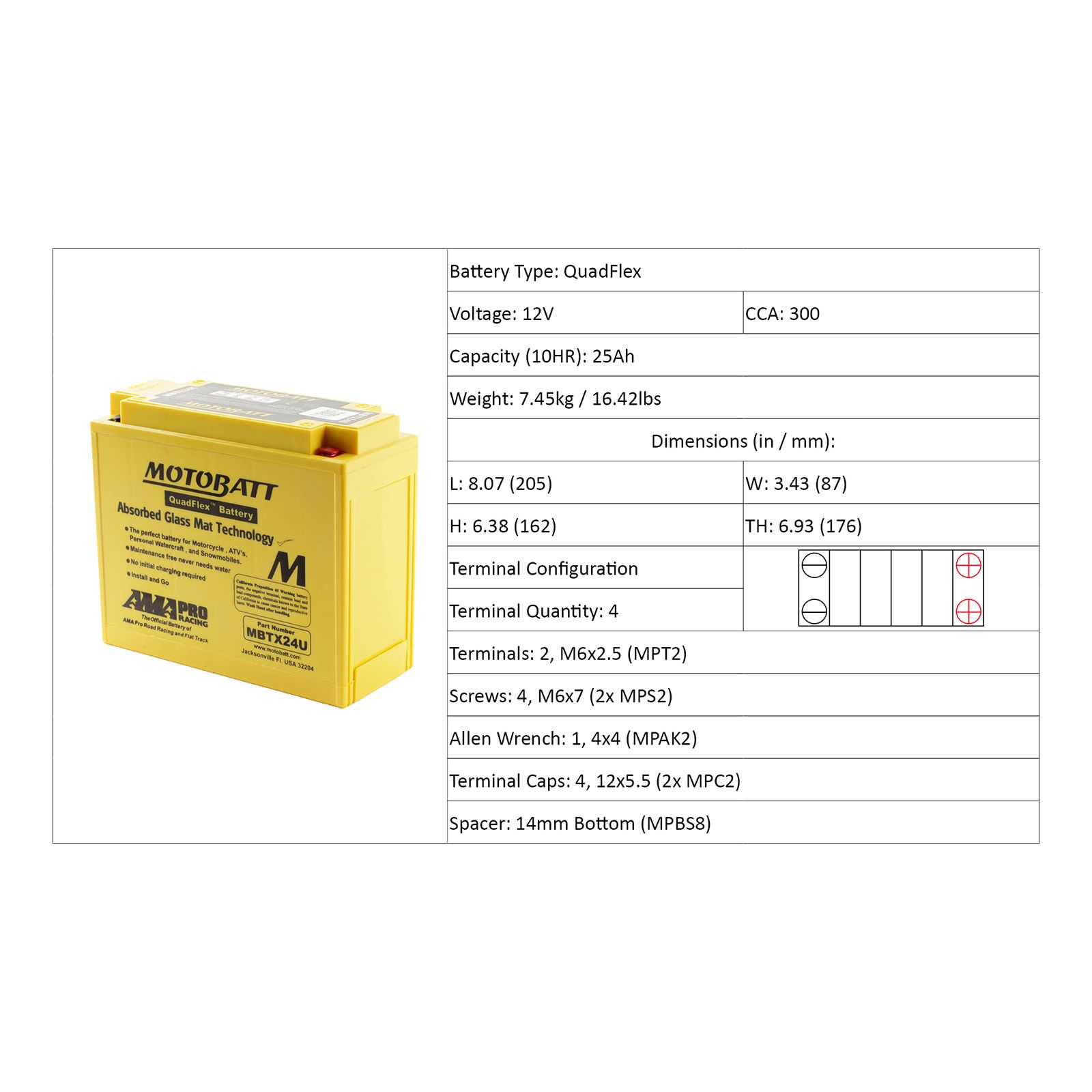 MBTX24U MOTOBATT QUADFLEX BATTERY (4PCS/CTN)