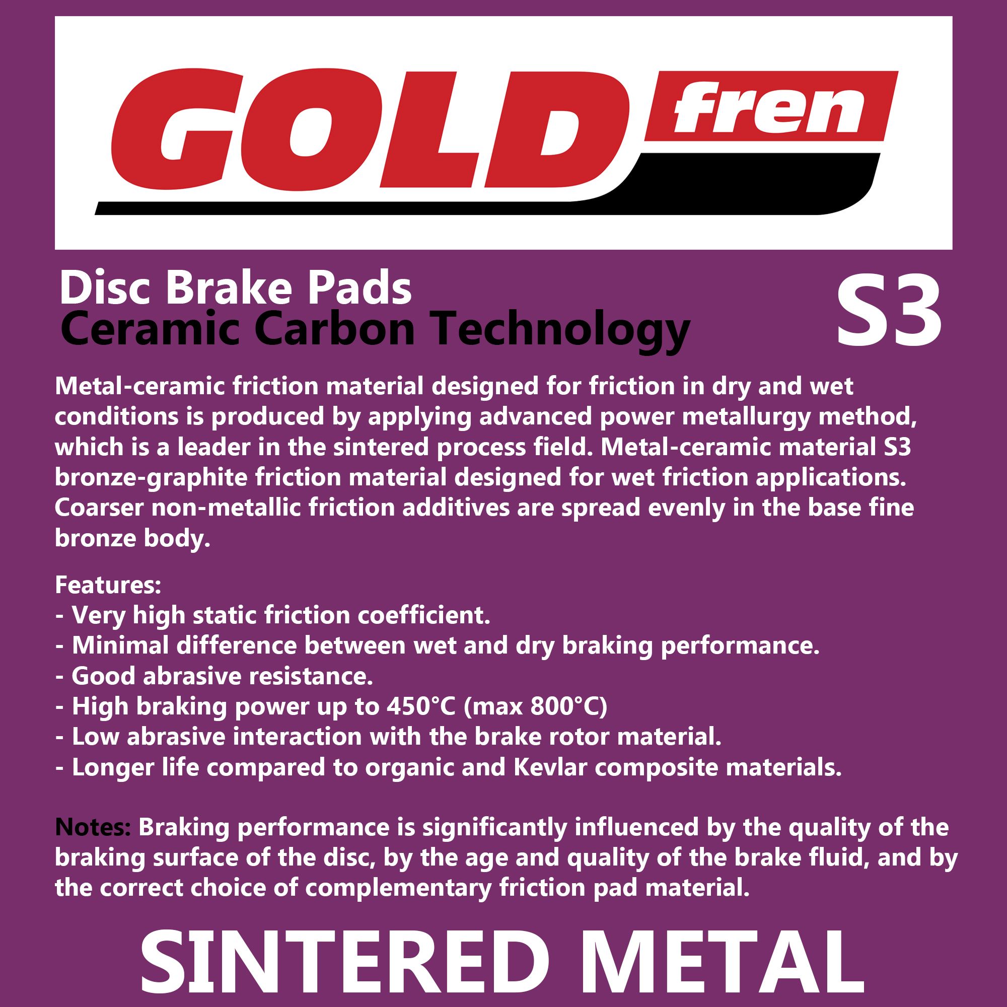 BRAKE PADS GOLDFREN SINTERED SPORTS GF289 - S3 ( P130 )